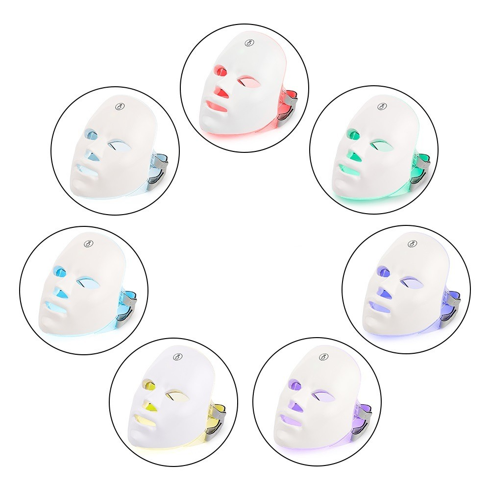 IllumaGlow Pro LED mask showing 7 therapeutic light colors — red blue green yellow purple cyan white